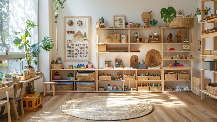 Amplia clase Montessori llena de juguetes de madera, plantas y luz natural desde grandes ventanas