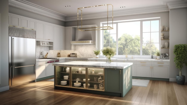 Amplia cocina moderna en acabados blanco y pistacho con estantes abiertos, isla de cocina, electrodomésticos modernos