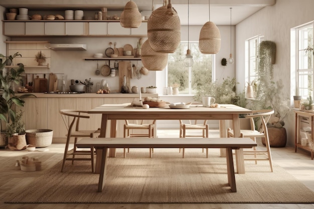 Amplia y cómoda cocina de madera clara con mesa de comedor y muchos utensilios decorativos y aire acondicionado.