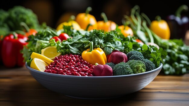 Una amplia fotografía de fondo de un tazón negro lleno de varias verduras coloridas sobre una mesa