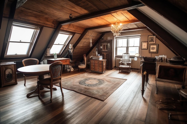 Amplia habitación abuhardillada con suelos de madera, techo bajo y muebles antiguos.