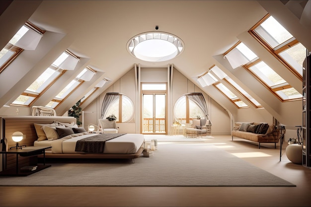 Amplia habitación en el ático con tragaluces de techo curvo y alfombra lujosa