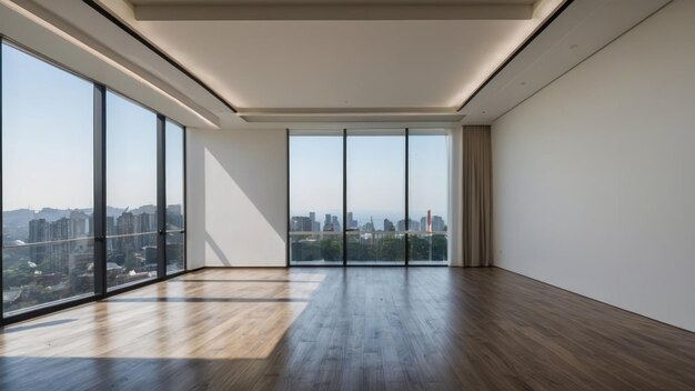 Una amplia habitación tranquila con grandes ventanas y una sola silla negra