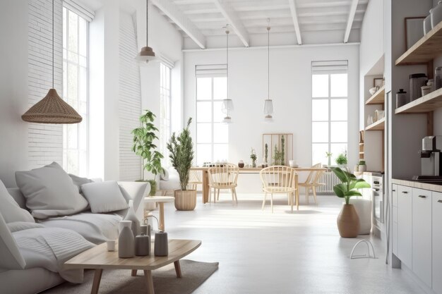 Amplia y luminosa sala de estar con abundante iluminación natural y cómodo mobiliario IA generativa