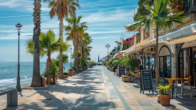 Una amplia pasarela peatonal bordeada de palmeras y restaurantes con asientos al aire libre con vistas a un océano tranquilo