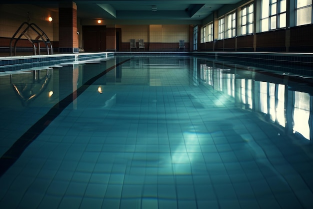Una amplia piscina con una claraboya de vidrio en el fondo que proporciona luz natural y una característica arquitectónica única La tranquilidad de una piscina lista para vueltas Generada por IA