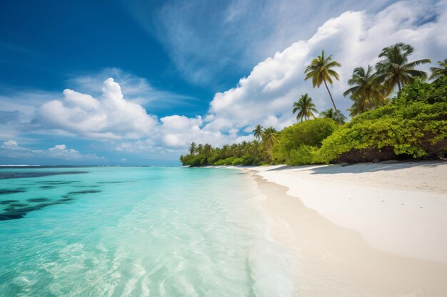 Foto amplia playa de arena en una isla tropical palmas de coco y cabaña de agua en ocean generative ai