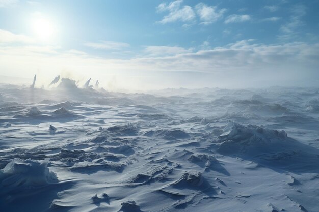 La amplia pradería helada abierta azotada por el viento hielo al amanecer cielo púrpura con nubes esponjosas hierba seca cubierta