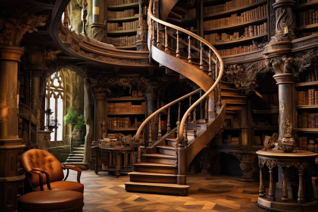 Una amplia sala que muestra una cautivadora escalera de caracol que ofrece un elemento visual sorprendente. Una antigua biblioteca con estanterías de madera y una escalera de caracol generada por IA.