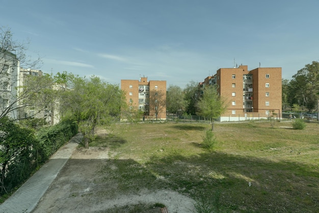 Una amplia terraza con algunos árboles sueltos.