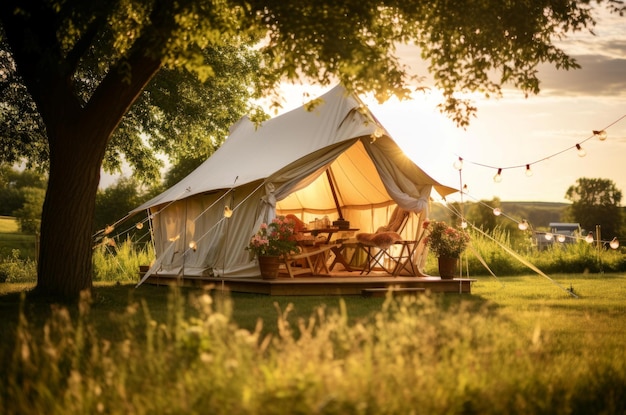 Amplia tienda glamping de verano para vacaciones al aire libre Generate Ai