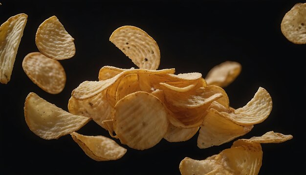 Foto amplia toma de papas fritas realistas flotando en el aire las papas fritas están un poco apiladas y no