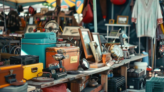 Una amplia variedad de artículos están a la venta en un mercado de pulgas local Hay viejas cámaras máquinas de escribir y otros artículos antiguos