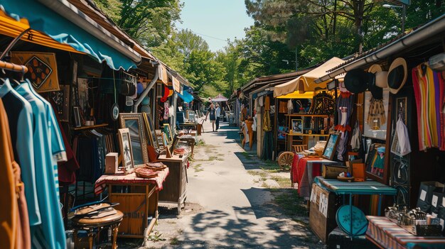 Una amplia variedad de artículos para la venta en un mercado de pulgas Hay ropa muebles y otros artículos para el hogar