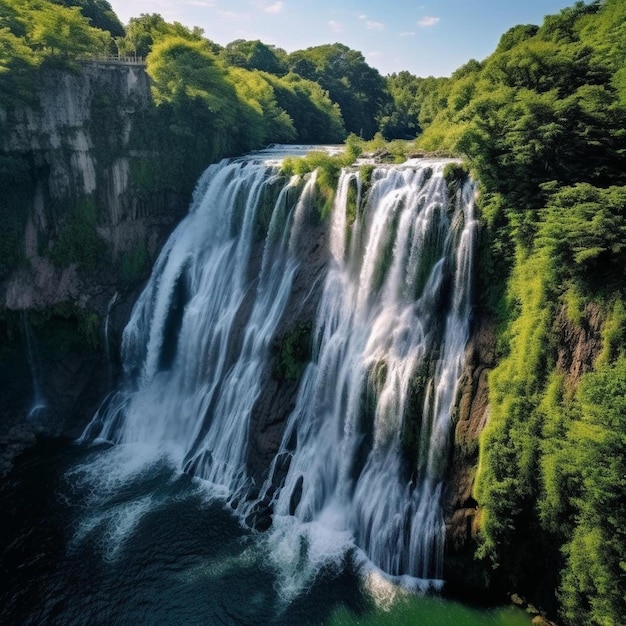 amplia vista aérea de la cascada que fluye en las profundidades del bosque beautifu gran cascada en el