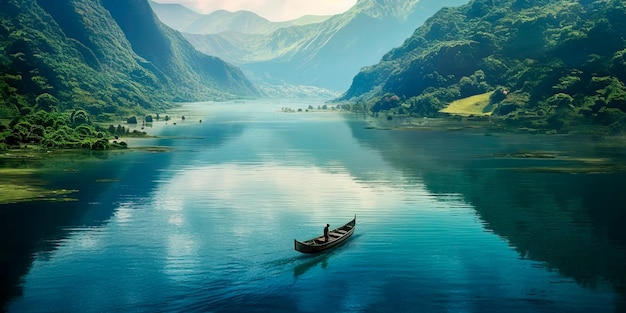 Una amplia vista aérea de un lago sereno rodeado de exuberantes montañas con aguas cristalinas que reflejan el paisaje circundante y pequeños botes que se deslizan suavemente por la superficieGenerative AI