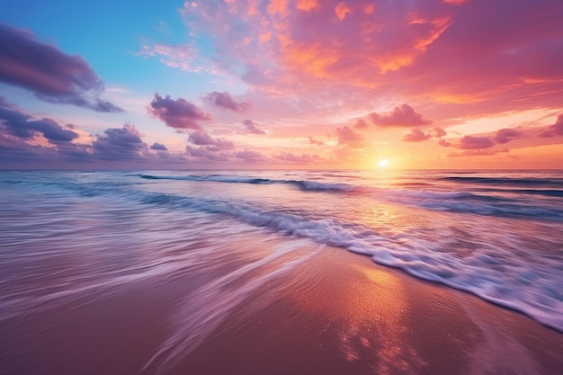 Amplia vista panorámica de una colorida puesta de sol sobre una serena playa costera con suave arena dorada