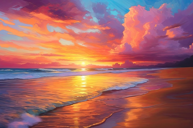 Amplia vista panorámica de una colorida puesta de sol sobre una serena playa costera con suave arena dorada