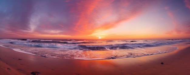 Amplia vista panorámica de una colorida puesta de sol sobre un sereno panorama de playa costera