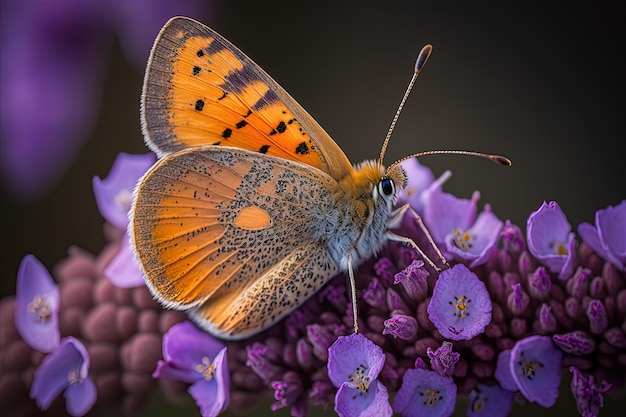 ampliação de uma borboleta laranja empoleirada em um aglomerado de flores de lavanda