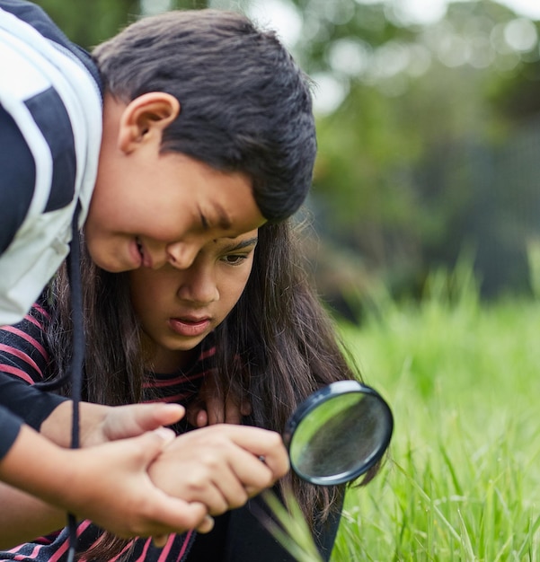 Ampliando su imaginación Foto de un joven hermano y una hermana jugando con una lupa afuera