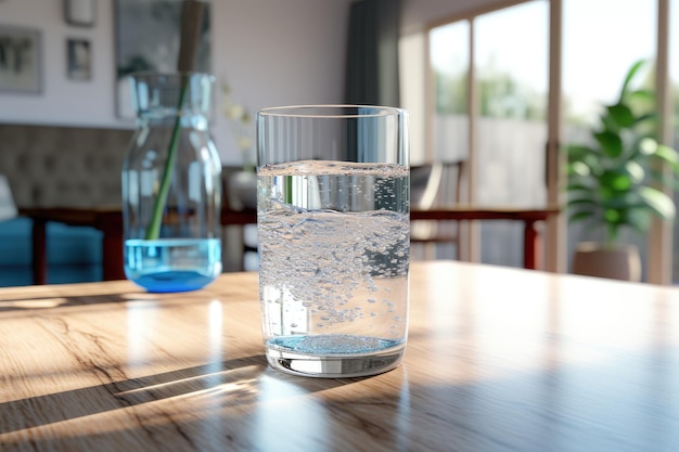 Amplie o ato de despejar água potável purificada, limpa e fresca de uma garrafa, sobre uma mesa na sala de estar.