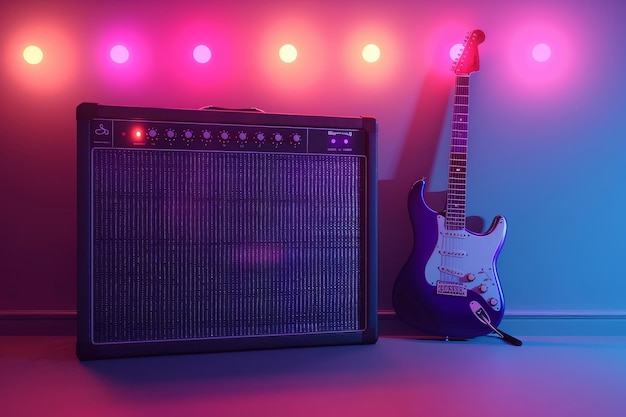 Un amplificador de guitarra está sentado en un escenario frente a una pared púrpura y azul