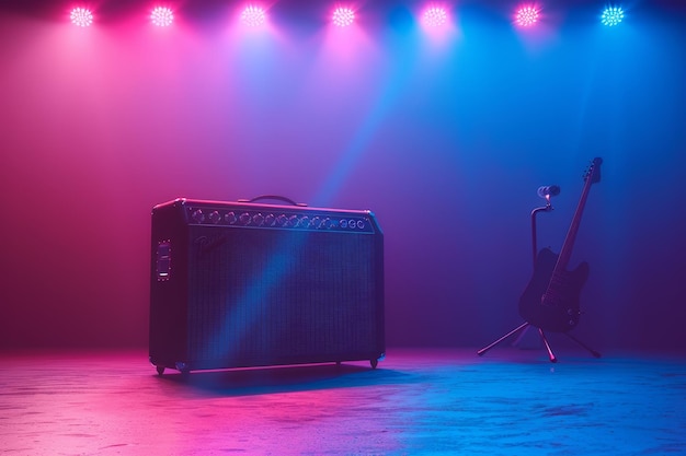 Un amplificador de guitarra está sentado en un escenario frente a una pared púrpura y azul