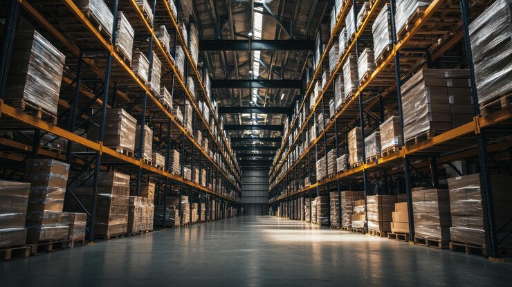 Un amplio almacén cavernoso con filas de estanterías que muestran arquitectura industrial y soluciones de almacenamiento