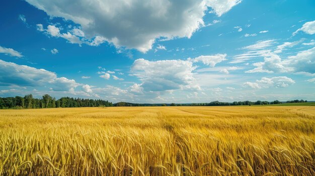 Foto amplio campo fértil de trigo bajo un cielo azul claro