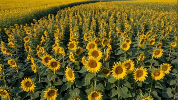 Foto amplio campo de girasoles bajo un cielo despejado que retrata la vibración natural