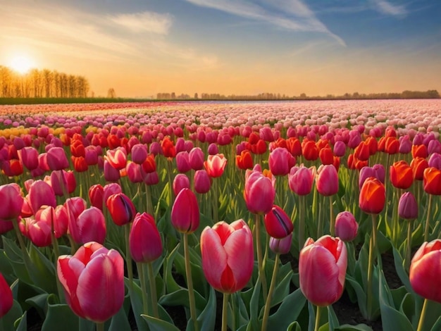 Un amplio campo de tulipanes de varios tonos iluminados por la suave luz del sol de la mañana esto podría evocar una sensación de frescura y renovación