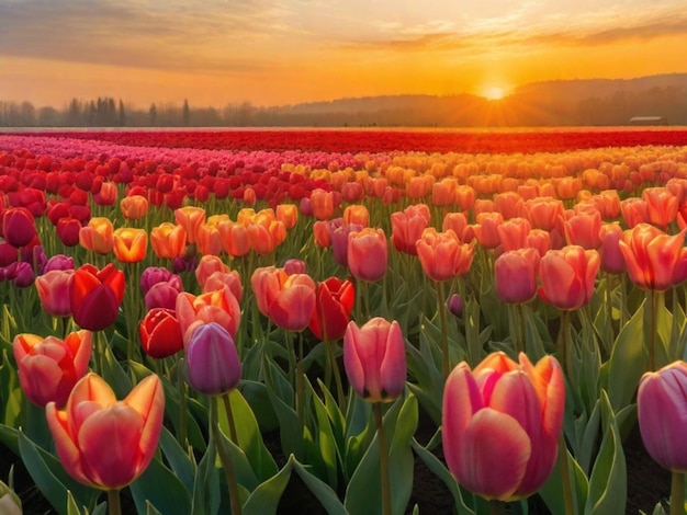 Un amplio campo de tulipanes de varios tonos iluminados por la suave luz del sol de la mañana esto podría evocar una sensación de frescura y renovación