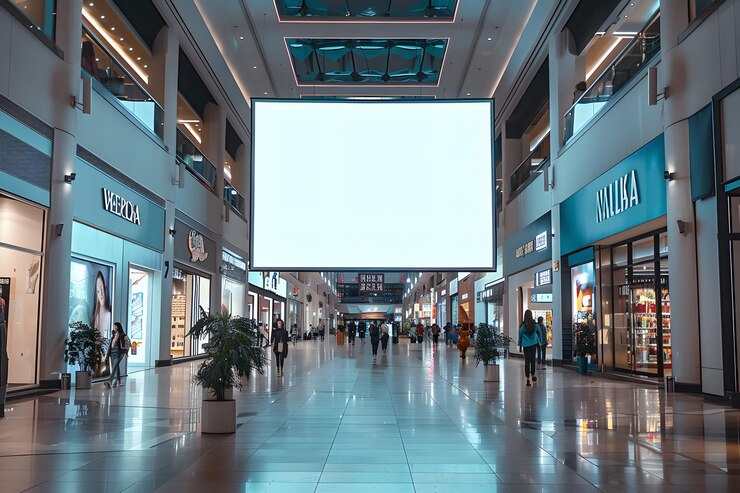 Amplio centro comercial con pantalla publicitaria en blanco y compradores