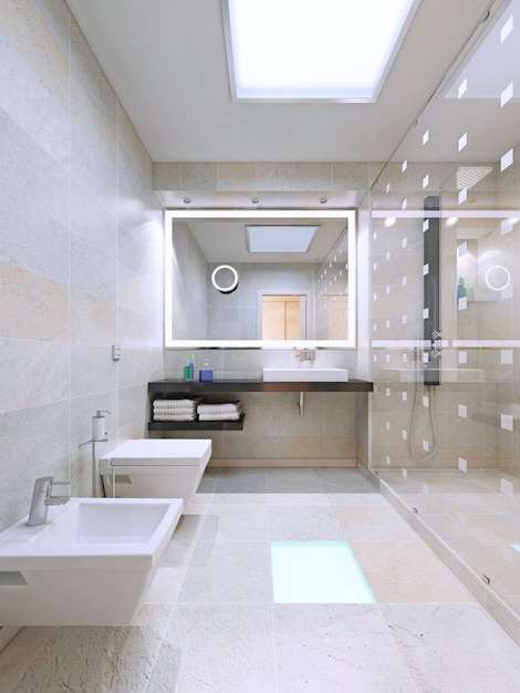 Amplio cuarto de baño con ducha. Render 3D