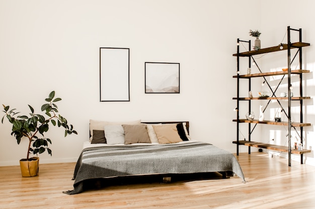 Amplio dormitorio de estilo escandinavo con cama gris y planta de ficus en una maceta