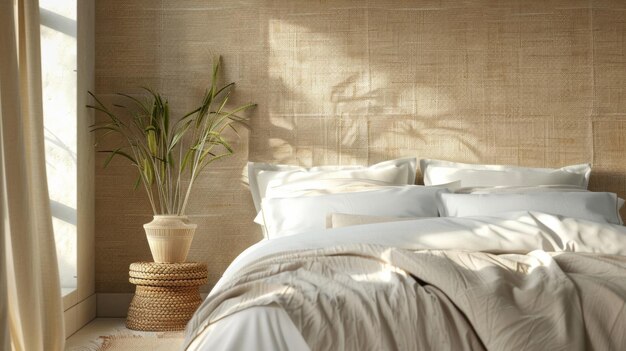En un amplio dormitorio una pared característica está adornada con un papel tapiz de fibra natural en un sutil terroso