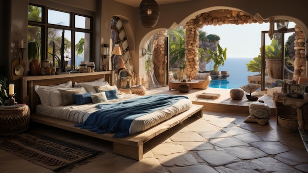 Foto amplio dormitorio de la villa con vista a la piscina
