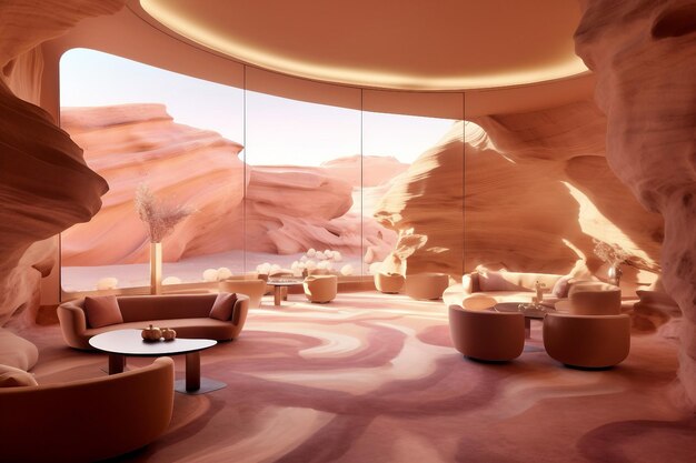 Foto amplio espacio de vivienda moderno con sofá en un concepto generativo de desierto abierto