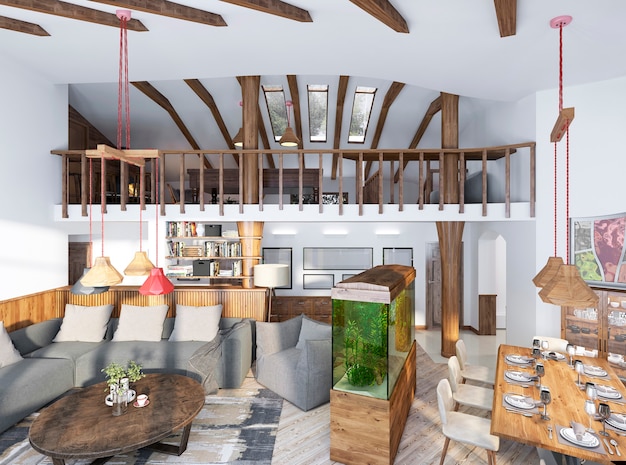 Foto amplio estudio de estilo loft con muebles y elementos de madera.