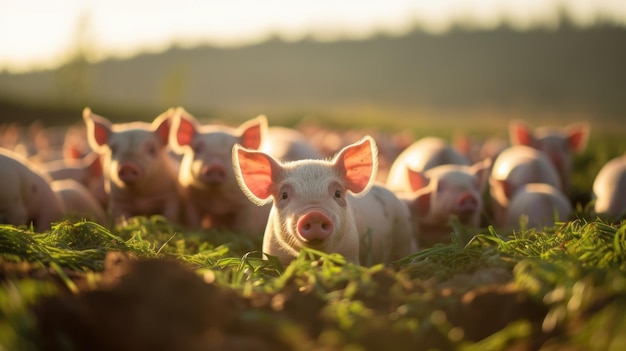 Foto un amplio granero al aire libre lleno de cerdos felices a medida que la granja implementa prácticas sostenibles como