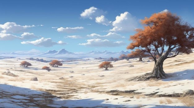 Amplio paisaje con árboles cubiertos de nieve al estilo de Studio Ghibli