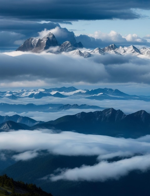 Un amplio panorama de la escarpada cadena montañosa con un manto de nubes rodando