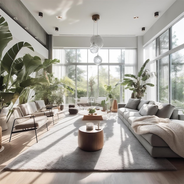 Amplio salón luminoso en una villa de lujo con luz solar generada por IA