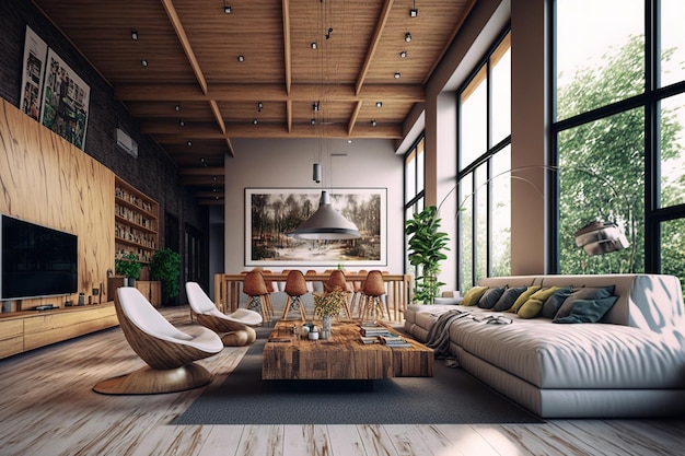 Amplio salón moderno con muebles de madera.