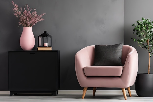 Amplio salón rosa con sillón gris y armario de madera con un jarrón oscuro