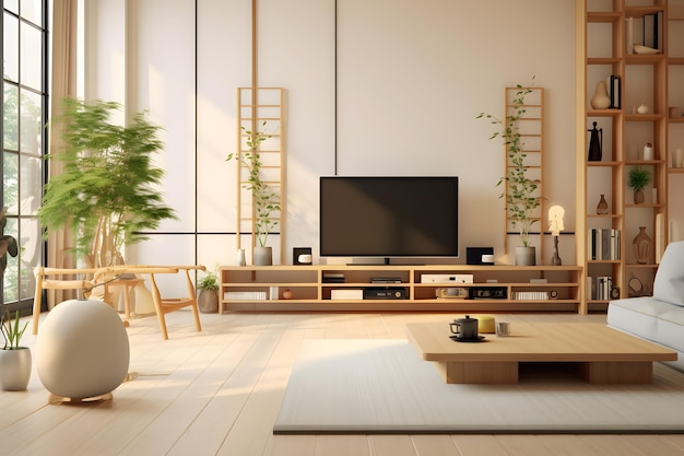 Amplio salón con tv moderno interior japonés generativo ai