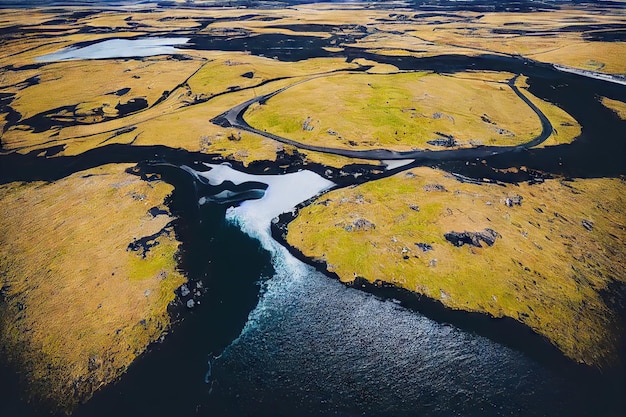 Amplio valle desierto con río y colinas aéreas de Islandia