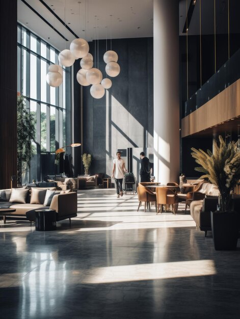 Foto un amplio vestíbulo con abundantes muebles y grandes ventanas