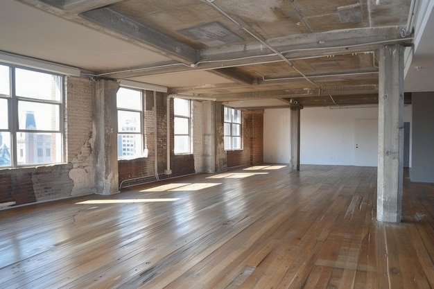 Amplo apartamento en un loft vacío iluminado por el sol con pisos de madera y grandes ventanas en un edificio industrial vintage